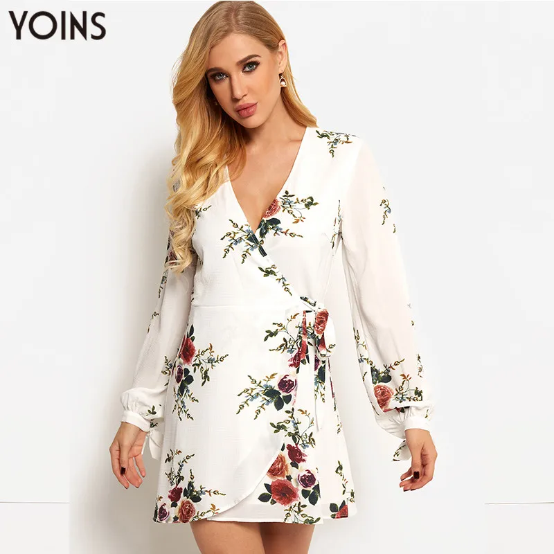 YOINS 2019 Летнее осеннее женское платье Винтажное Белое цветочное с v-образным