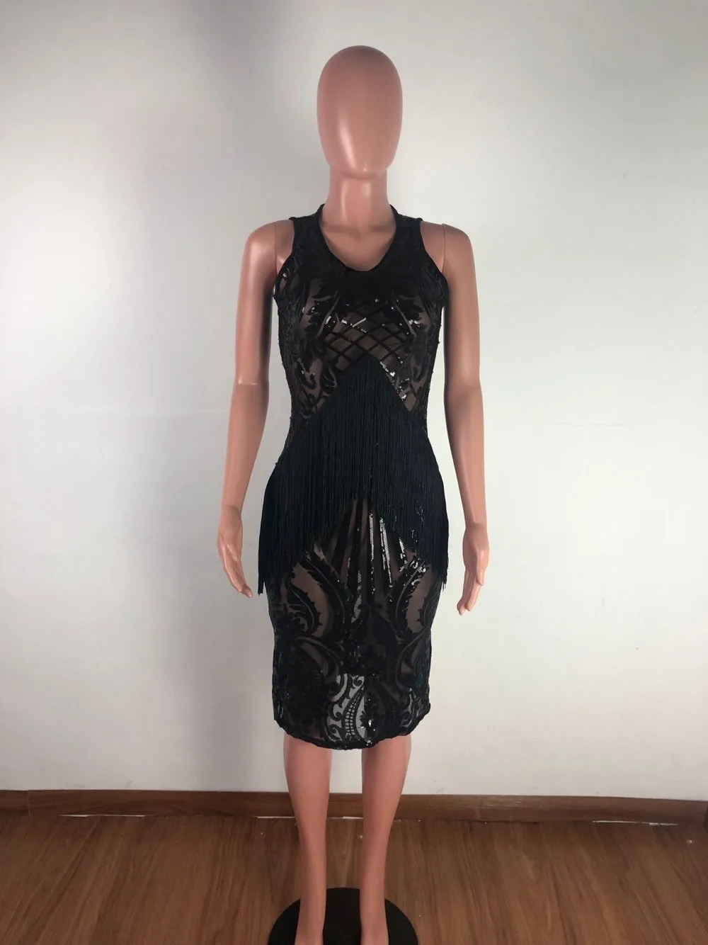

Sexy Mesh O Neck Skinny Sequin See Through Sleeveless Women Bodycon Club Mini Dress