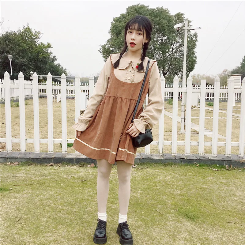 Женские платья Япония Kawaii Ulzzang милые вышитые поддельные из двух частей платье