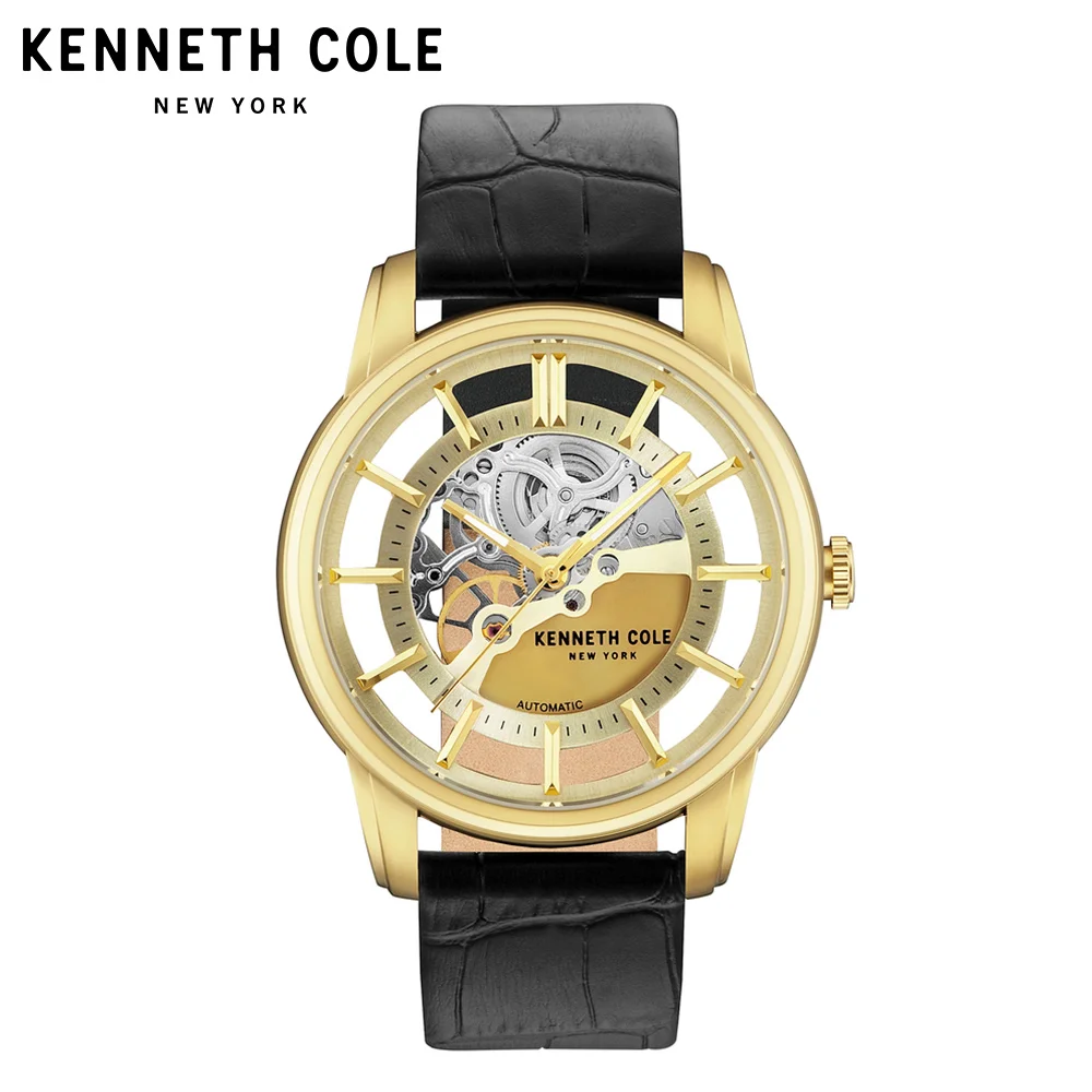 Kenneth Cole мужские часы автоматические механические золотые черные кожаные часы с ремешком и пряжкой из нержавеющей стали Роскошные брендовые водонепроницаемые часы