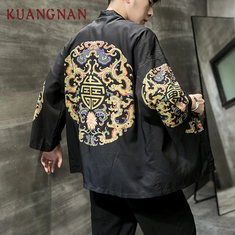 KUANGNAN китайские монеты печати кимоно мужские японские кимоно кардиган Harajuku кимоно рубашка Мужская Уличная Мужская гавайская рубашка