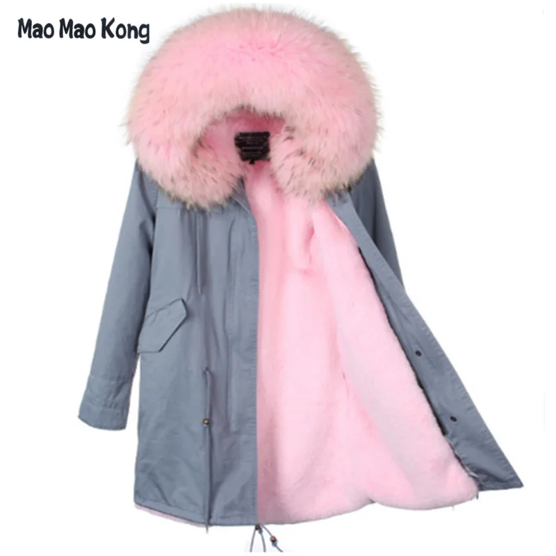 Длинная зимняя парка размера плюс с воротником из натурального меха енота на