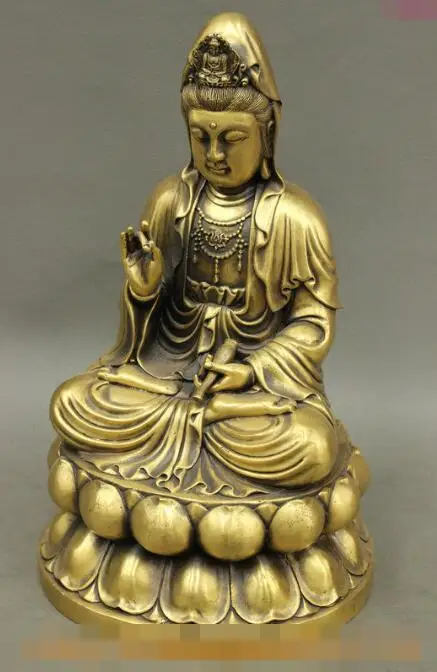 

Free shipping S03043 11" Folk Chinese Bronze Buddha Auspicious Lotus Seat GuanYin Kwan-Yin Statue
