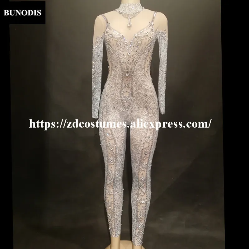 ZD276 Women Sexy Net Yarn Jumpsuit 3D Printed Silver Flowers Sparkling Crystal Bling Bodysuit Nightclub Party Stage Wear Costume