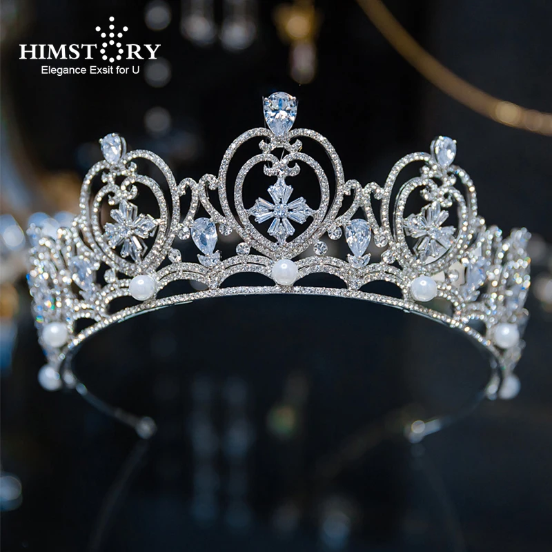 Himstory элегантность Блестящие Свадебные невесты корона кубический Zincons жемчужные
