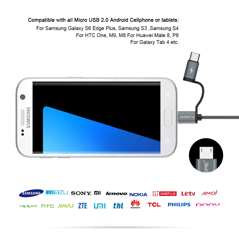 FLOVEME 2 в 1 Mirco USB+ type-C USB кабель в оплетке быстрое зарядное устройство QC 3,0 USB-C кабель для мобильного телефона для Galaxy S8 Xiaomi смартфон