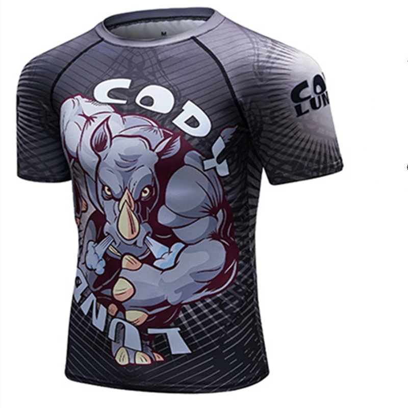 CODY Мужская компрессионная футболка MMA Rashguard, летняя футболка с коротким рукавом для фитнеса, Мужская футболка с 3D принтом медведя, танца железной цепи