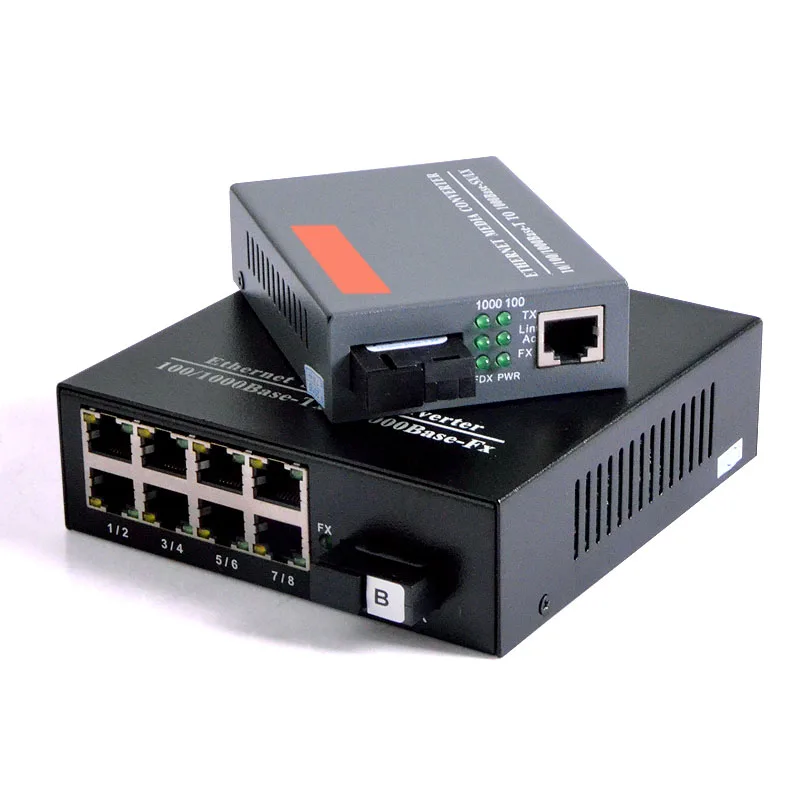 1 pair 10/100/1000Mbps Gigabit Ethernet Media Converter 1 port RJ45 1 port SC + 8 port RJ45 1 port SC Single Mode Optic Fiber