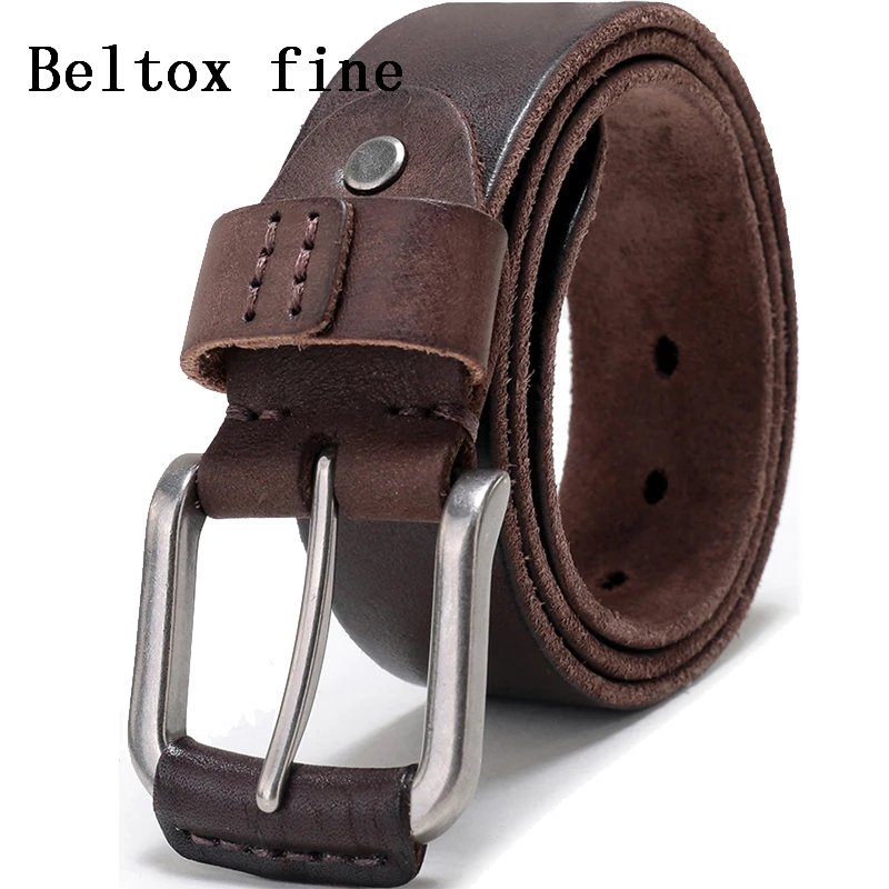 Men's Classic Cow Leather Belt Full Grain 3.8cm Wide Designer Sturdy Jean Hand Stitching Girdle Black and Coffee