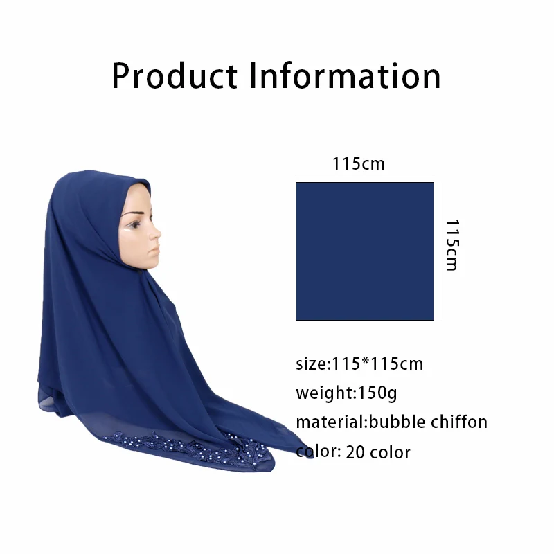 New square hijab scarf women bubble chiffon floral with beads shawl solid headband muslim scarves and wrap 115*115cm 20pcs/lot |