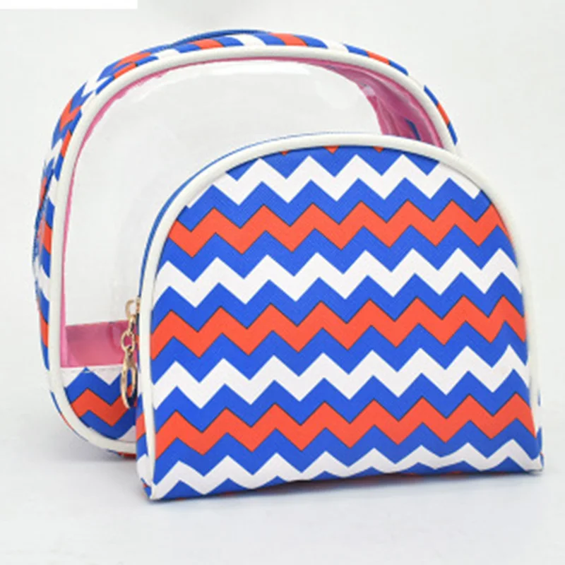 

2018 Rushed Necessaire Makeup Bag 2 Pcs/set Cosmetic Bag Wavy Pvc Organizer Neceser Printed Toiletry Professional Makeup Travel