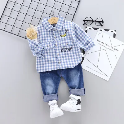 Синий Комплект одежды для малышей, одежда для мальчиков и девочек, клетчатая рубашка+ джинсы, комплекты из 2 предметов на весну и осень - Цвет: Синий