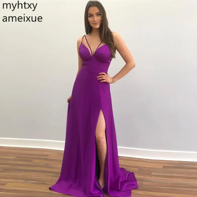 

Long Purple Plus Size Cheap Evening Dress V-neck Formal Party Dresses 2021 New Sexy Spaghetti Straps Sweep Train Robe De Soiree