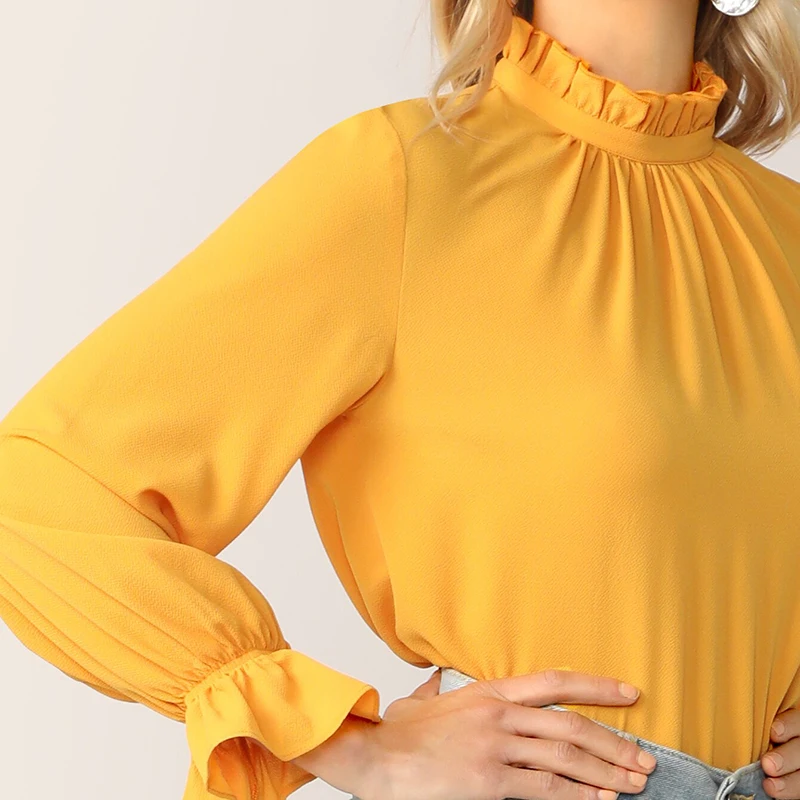 SHEIN модный топ с оборками на шее и манжетах, блузка с длинными рукавами и воротником-стойкой для женщин, весна-осень