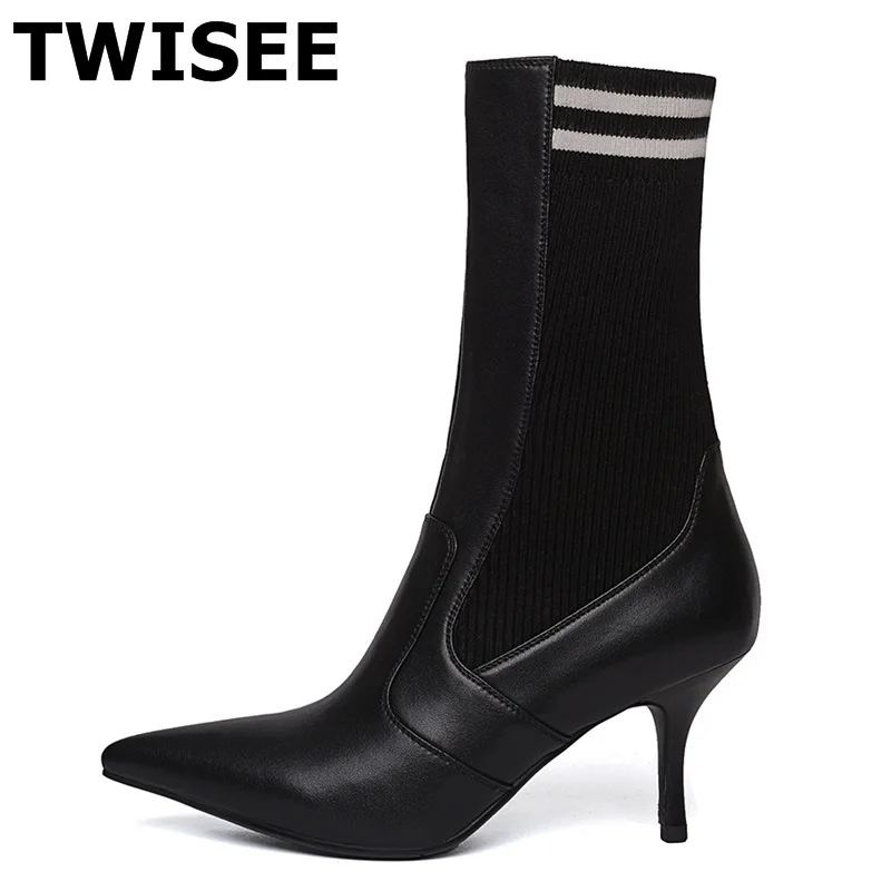 women mid calf boots hot selling autumn warm mixed colors point toe pumps thin high heels 7 cm comfort genuine leather shoes | Обувь