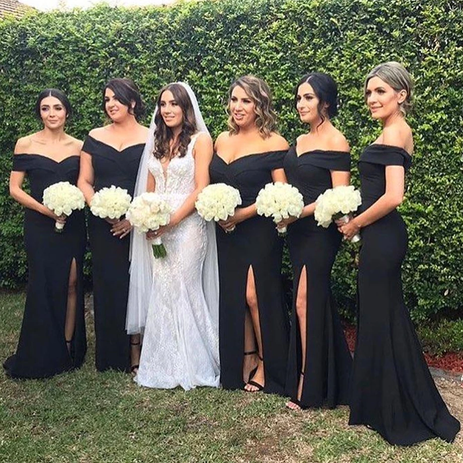 

Black Mermaid Bridesmaid Dresses 2019 Boat Neck Side Split Simple Satin Long Wedding Guest Dress Cheap Maid Of Honor Gowns