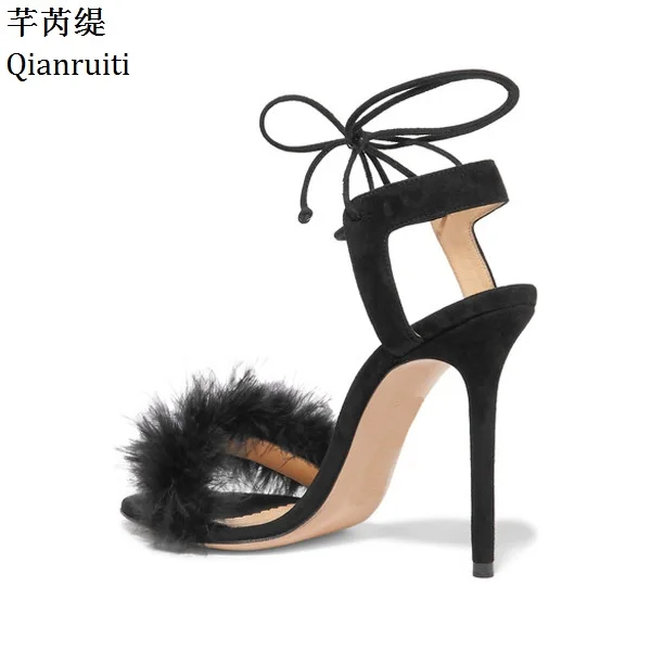 Qianruiti лето искусственный мех на шнуровке Slingback Женские туфли-лодочки в стиле Ким