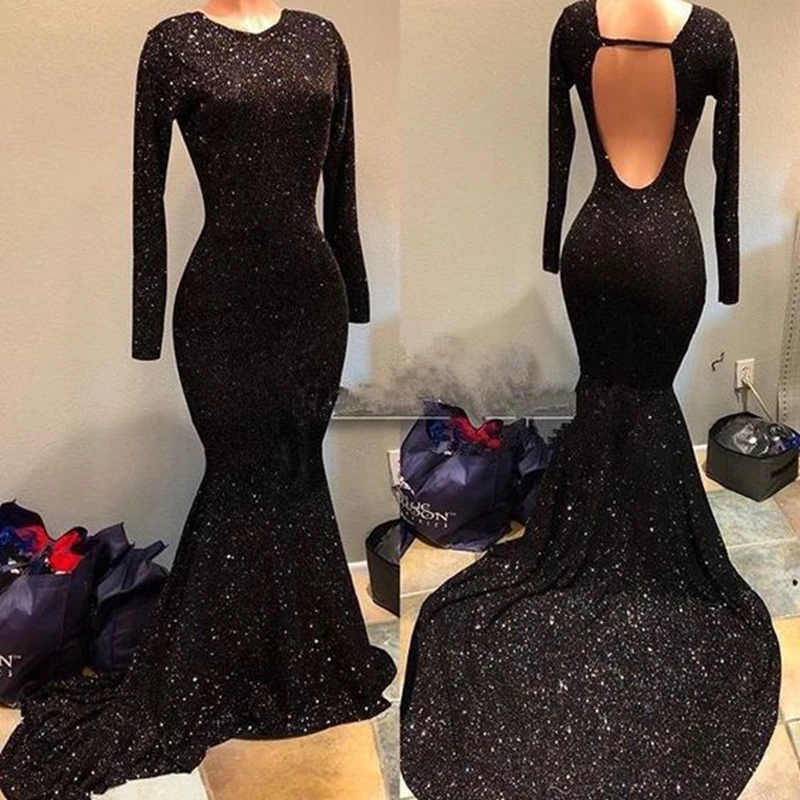 

Long Prom Dresses 2020 Sexy Mermaid Scoop Neckline Long Sleeve Glitter Backless African Black Women Prom Dress