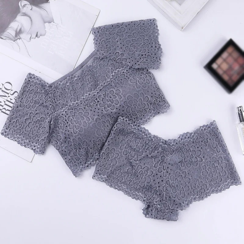 

Women Underwear Set Off-Shoulder High-Elastic Mesh Anti-Glare Female Vest Underwear Set Short-Sleeved Vest Boxer