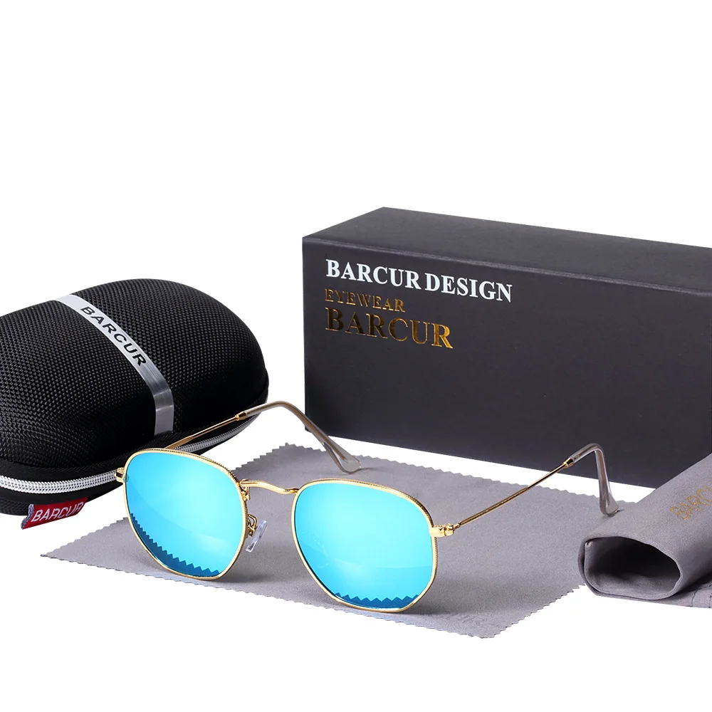 BARCUR UV400, стеклянные линзы, солнцезащитные очки для мужчин, Ретро стиль, металлические шестиугольные Круглые Солнцезащитные очки для женщин, винтажные очки для глаз, es Oculos De Sol - Цвет линз: Gold Blue