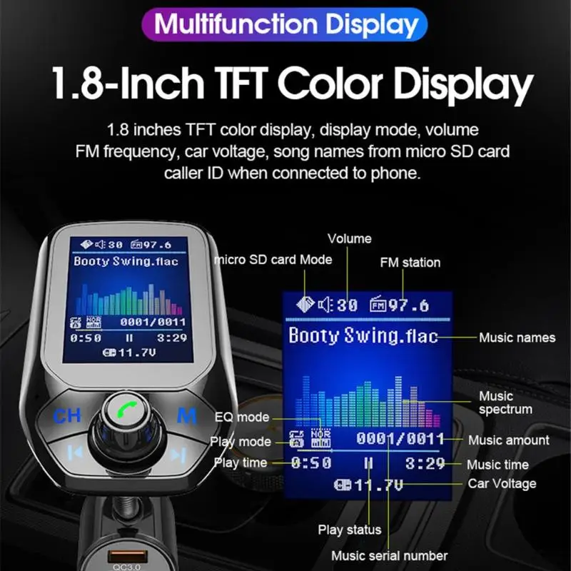 T43 1,8 дюймов Цвет Экран Дисплей Автомобильный MP3-плеер Bluetooth громкой связи FM передатчик QC3.0 быстро Зарядное устройство TF AUX Поддержка карт флеш-накопителей USB