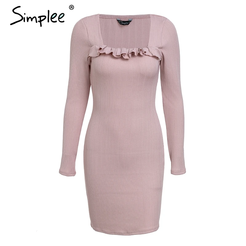 Nude Pink Женское трикотажное платье Simplee на осень-зиму, винтажное облегающее пикантное платье-свитер с оборками, с квадратным вырезом, длинным рукавом - Цвет: Nude Pink