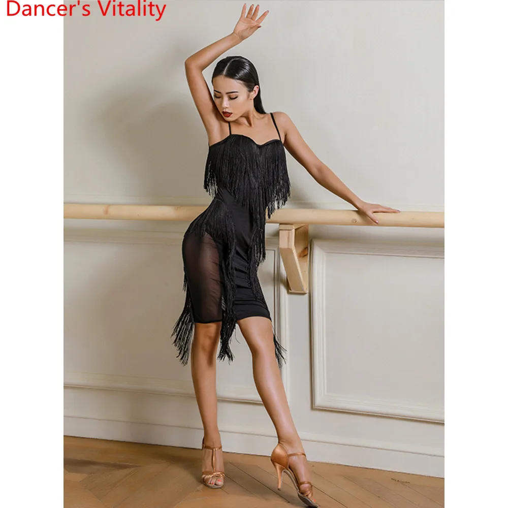 Платье без рукавов с кисточками для латинских танцев взрослых и женщин нагрудным