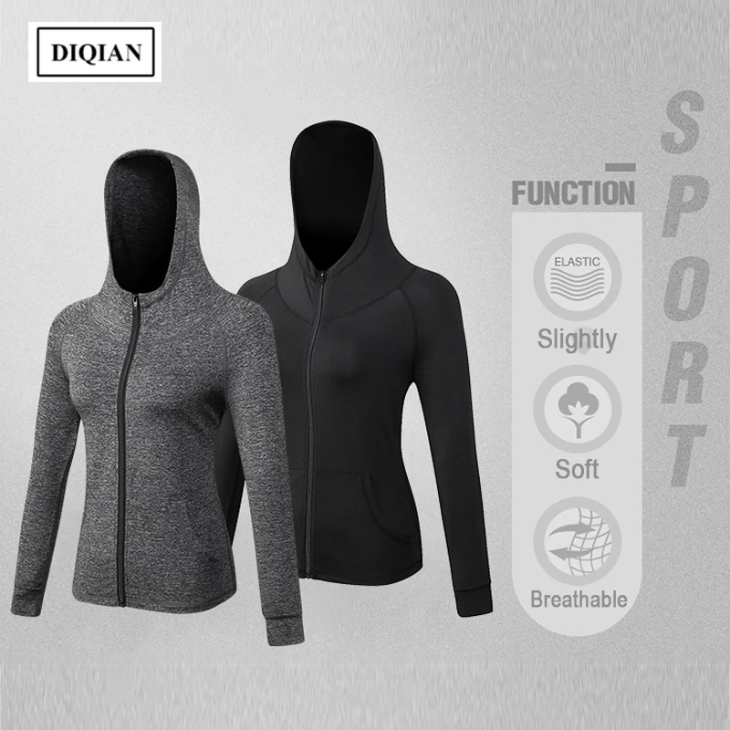 DIQIAN Breathable Hooded Running Jacket Women Long Sleeve Bodybuilding Female Sport Gym Yoga Jackets Sportwear 2XL | Спорт и