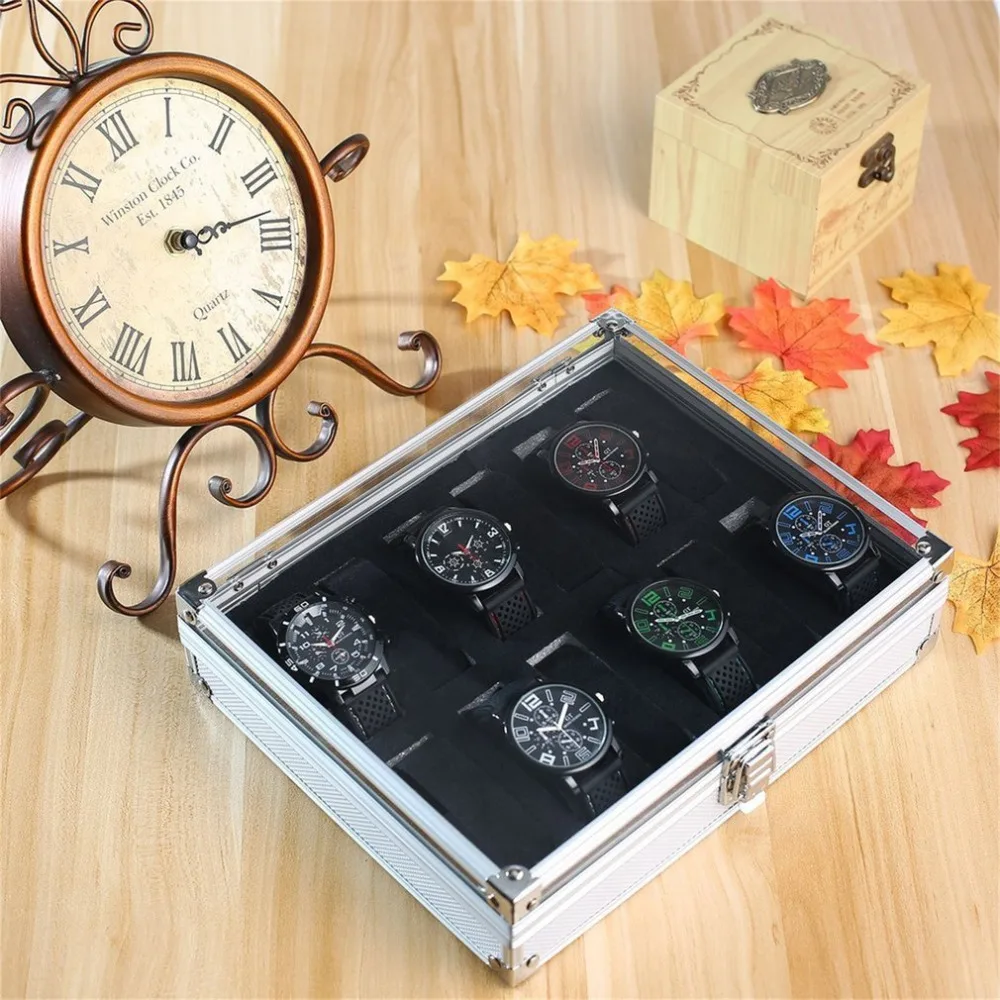 

12 Grid Slots Watch Glass Box Jewelry Casket Display for decor Storage Case Aluminium Suede Inside Container relogio 2020