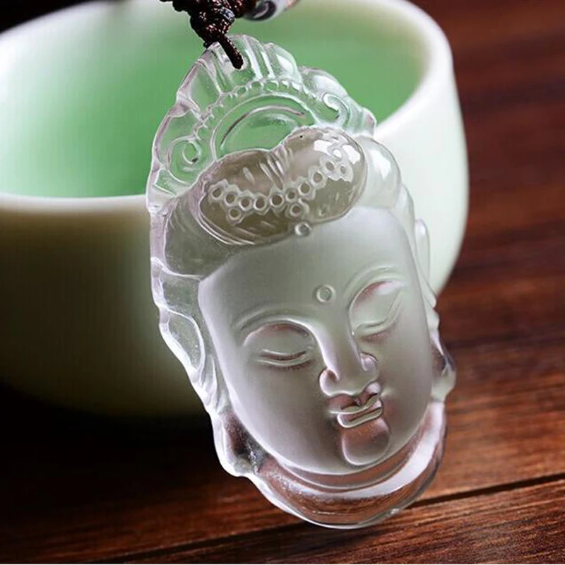 

KYSZDL pure natural white crystal carved Guanyin PENDANT MENS WHITE CRYSTAL PENDANT head Buddha Amulet free round beads rope