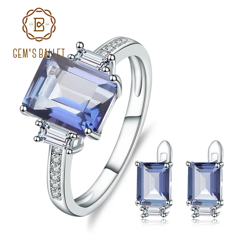 GEM'S BALLET Natural Iolite Blue Mystic Quartz Gemstone Earrings Ring Set Pure 925 Sterling Silver Fine Jewelry Sets For Women |