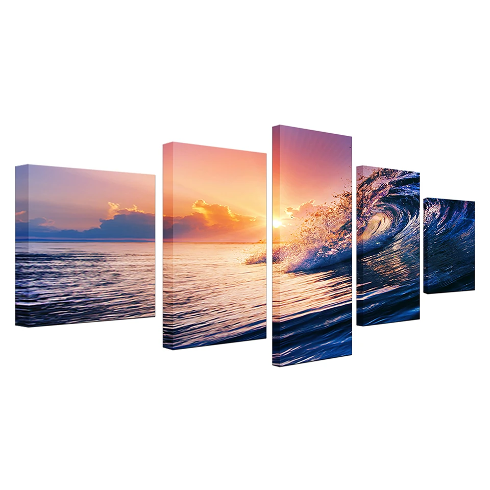

Canvas Sunset Sea Waves Seascape Paintings Ocean Beach Posters HD Printed Home Decorative 5 Pieces Wall Art Modular Pictures