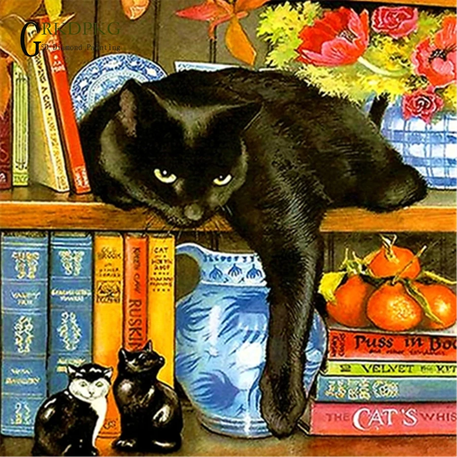 

5d diamond painting full square diamond embroidery Cross stitch pictures of rhinestones Lazy black cat Wedding decoration drill