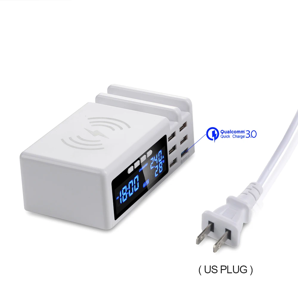 White US PLUG SCOMAS 48 Вт 3 в 1 6 портов USB умная розетка мульти домашний дорожный настенный адаптер питания с ЖК QC3.0 Быстрая зарядка+ Беспроводное зарядное устройство - Тип штекера: White US PLUG