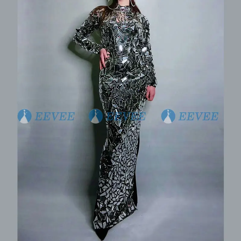 Sparkly Silver Full Mirrors rhinestone dress Women's Birthday Celebrate Outfit Nightclub Female Singer Sexy Stage Dress