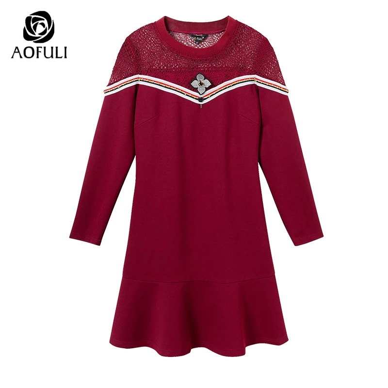 Платье AOFULI M 4XL 5XL женское ажурное на шнурках с рюшами модное Осеннее зимнее