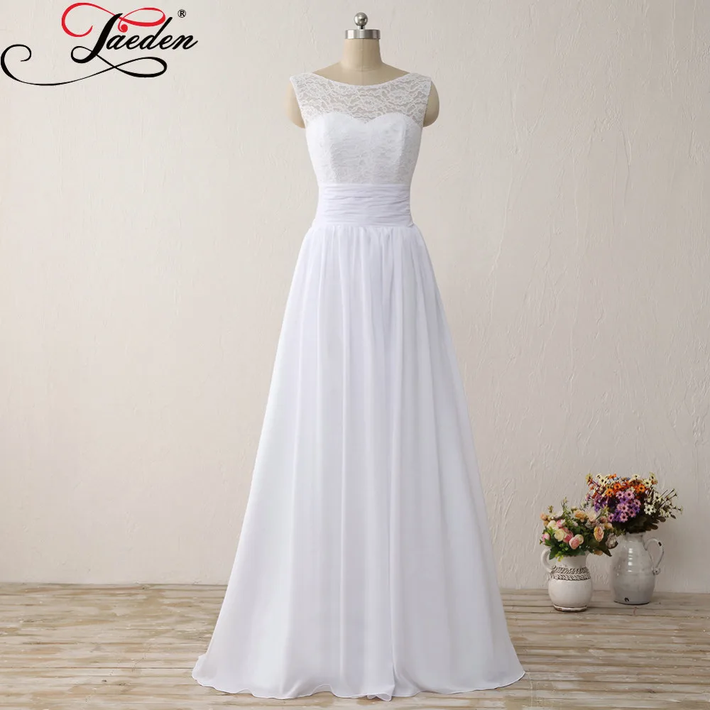 JAEDEN Cheap White Chiffon Beach Wedding Dresses Lace Sleeveless A Line Long Real Photo 2017 E623 Simple Scoop Neck Bridal Gowns | Свадьбы и