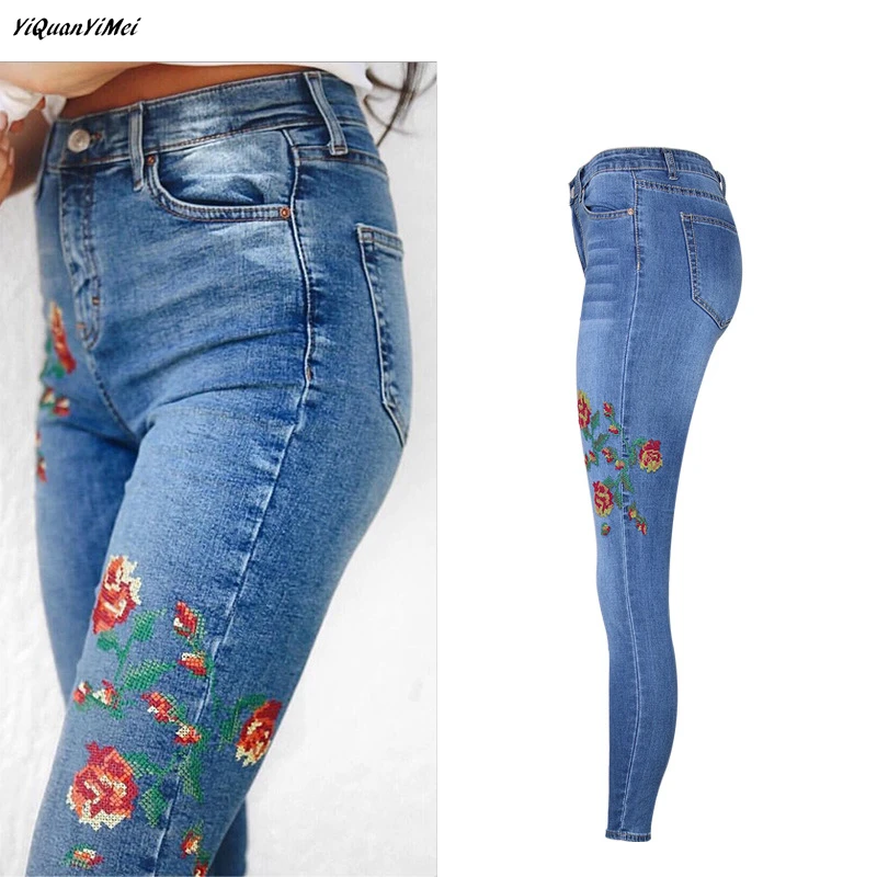 Фото Модные эластичные джинсы YiQuanYiMei с вышивкой для женщин хлопковые брюки карандаш