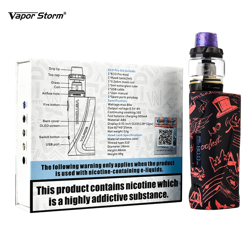 Оригинальный Vapor Storm Eco Pro Hawk Tank Kit Vape & 80 W TC Box Mod 2 мл Fit 18650 батарея электронная