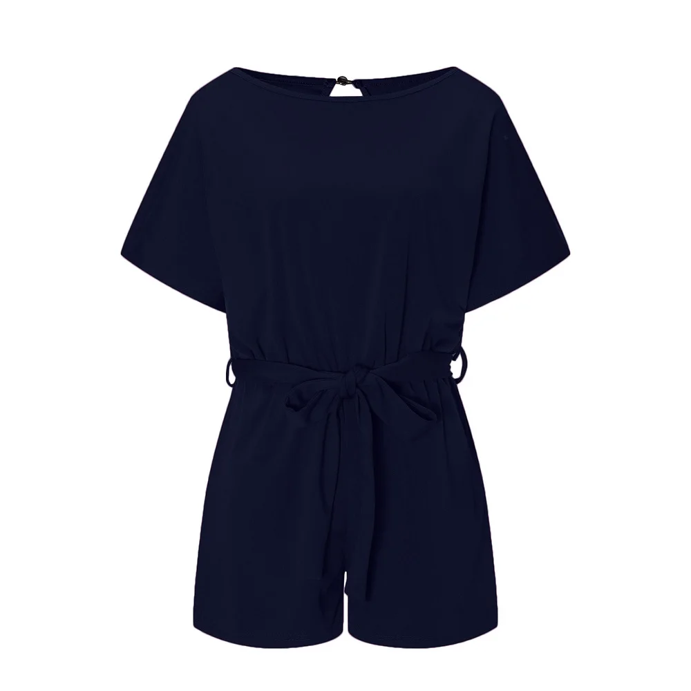 ELSVIOS Casual Playsuit Summer O-neck Short Sleeve Office Lady Romper Fashion Women Sashes Elegant Overalls Solid Beach Jumpsuit | Женская