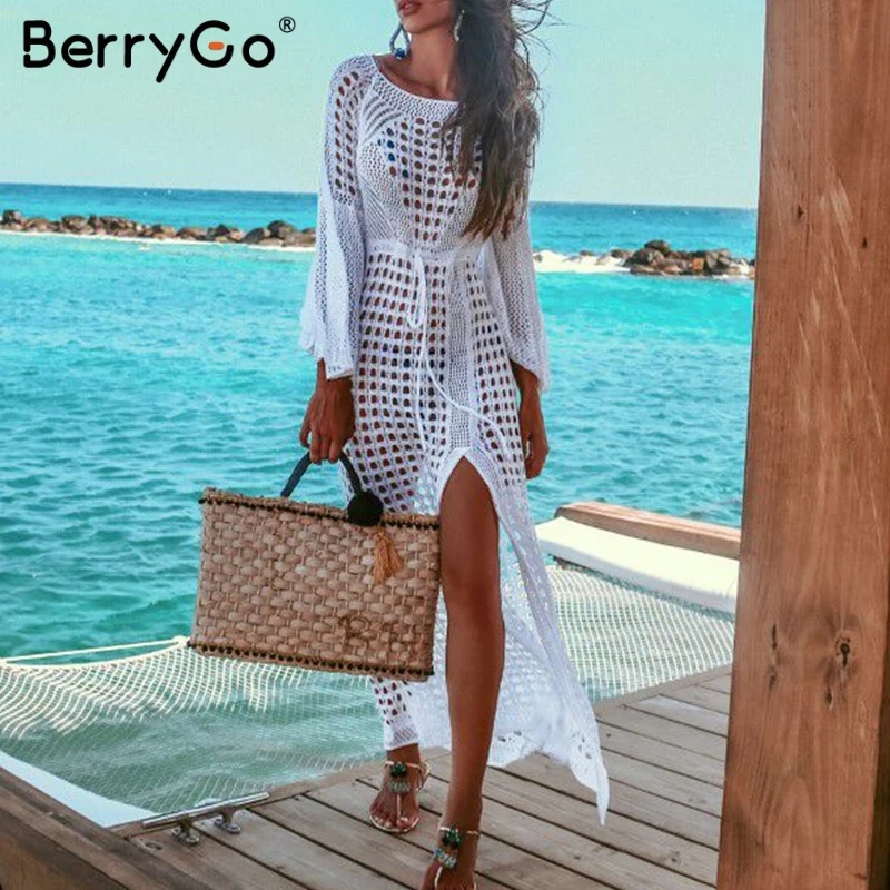 BerryGo, пляжное платье, летнее, с длинным рукавом, трикотажное, с разрезом, сарафан, сексуальный, с вырезом, модное, элегантное, праздничное, вечерние, белое, vestidos