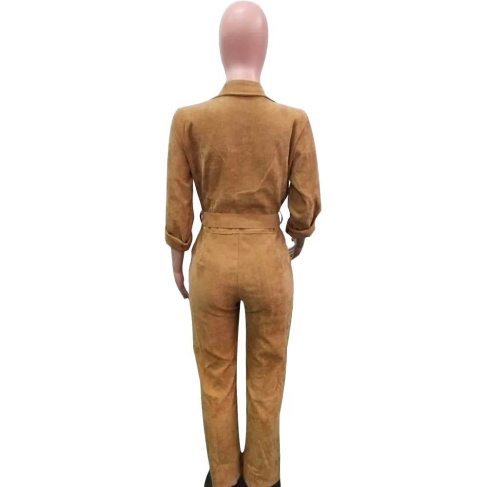 

Winter Jumpsuit Women Rompers Corduroy Turn Down Collar Pockets Loose Buttons Long Sleeve Overalls Sashes One Piece Jumpsuit