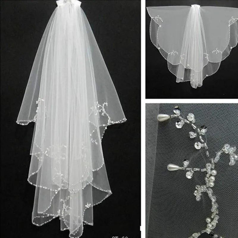 

New Handmade Wedding Beaded Veil With Comb 2 Layers Tulle Sequins Bridal Accessories
