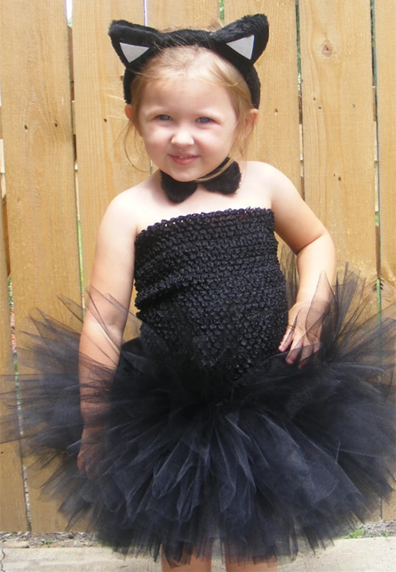 Cute Girls Black Cat Tutu Dress Kids Fluffy Tulle Ballet Tutus with Hairbow Children Party Animal Cosplay Costume | Детская одежда и