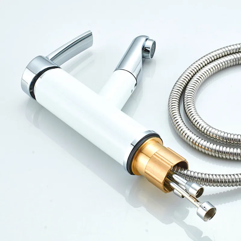 

LIUYUE Basin Faucets White Brass Bathroom Pull Out Basin Faucet Deck Mounted Cold Hot Water Crane Sink Mixer Taps Torneira