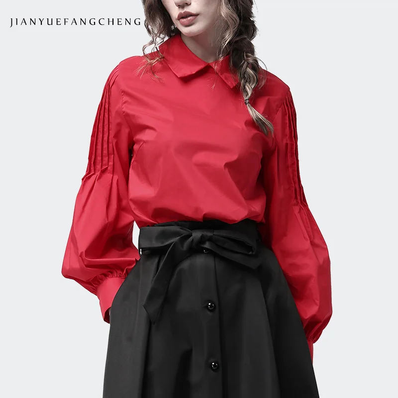 Red Женские рубашки, черный, красный хлопок, блузка с отложным воротником, фонарь, длинный рукав, топы, элегантная офисная одежда, плюс размер, блузка, Femme - Цвет: Red