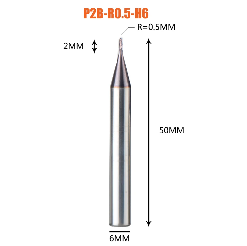 1PC-P2B-R0.5 1 шт. торцевая фреза с шариковым концом 2 флейты R0.5-R6.0 фрезерный станок с ЧПУ для обработки металлических граней и пазов hrc50 концевые фрезы с покрытием - Длина режущей кромки: 1PC-P2B-R0.5