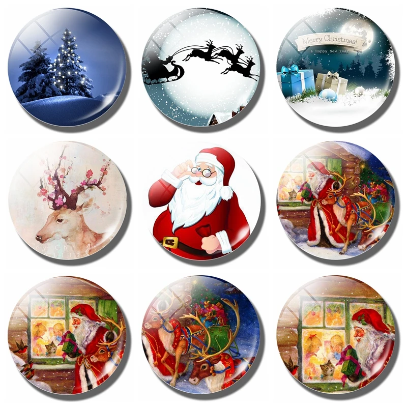 

Elk and Santa Claus Glass Refrigerator Magnets 30 MM Cartoon Deer Fridge Stickers, Cute Home Decoration Christmas Gift