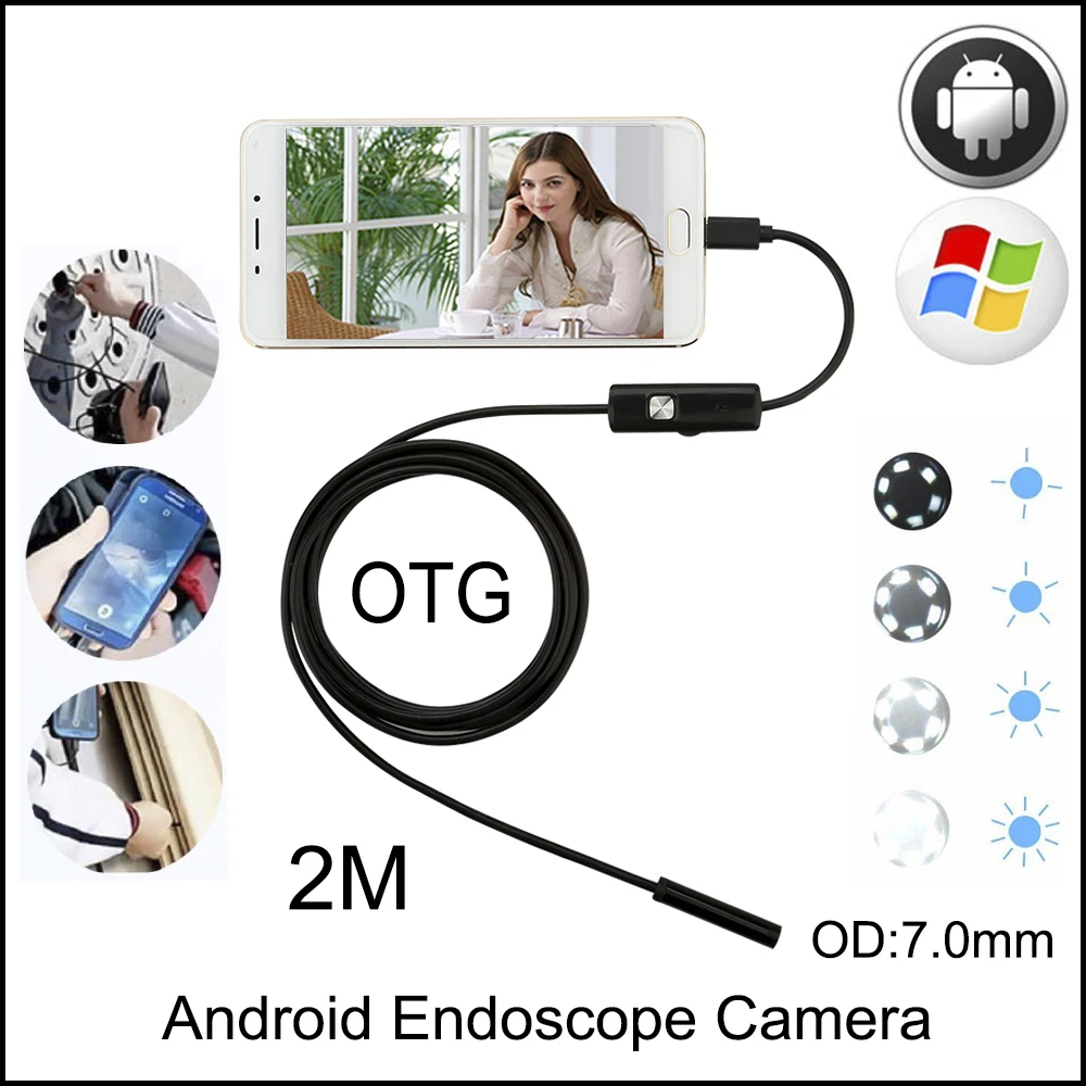 USB-эндоскоп JCWHCAM 7 мм 2 м камера Android гибкая трубка водонепроницаемый телефон ПК
