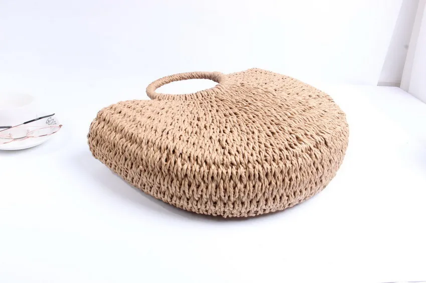 

2021 Handmade Cotton Linen Beach Bag Weaving Bamboo Bag Wood Top-handle Handbags Ladies Round Straw Bag Moon Shaped Wrapped Bags